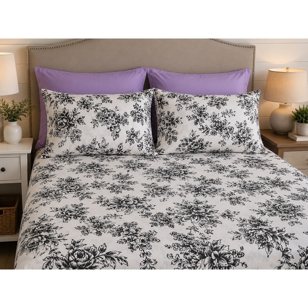 Estella Home Ultra Plush Full 6 Piece Sheet Set Black White Floral Lavender